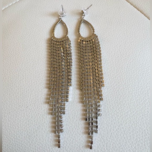 Tassel Long Chandelier Statement Earrings Silver Rhinestones bridal wedding New - Picture 4 of 5